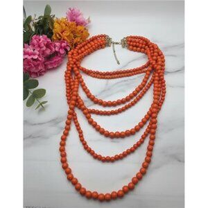 Vintage Coral Orange 5 Strand Graduated Bead Necklace Gold Tone 21in Adjustable
